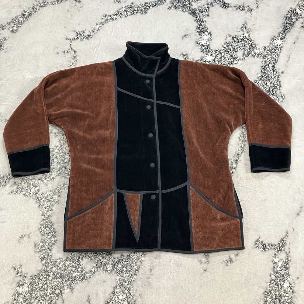 Vintage Annikki Karvinen Finland Brown Black Cotton Snap Jacket Womens S